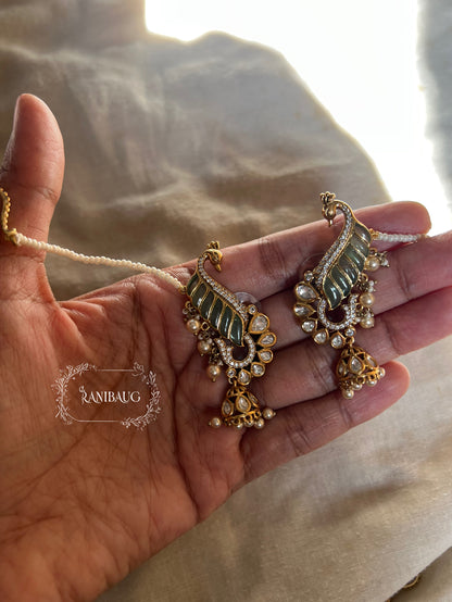 Natasha Statement Peacock Motif Gold Plated Polki Studded Earcuff Jhumki With Mini Pearl Hair Chain By Ranibaug | Designer Latest Festive Earrings Collection 2026