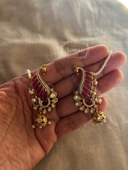 Natasha Statement Peacock Motif Gold Plated Polki Studded Earcuff Jhumki With Mini Pearl Hair Chain By Ranibaug | Designer Latest Festive Earrings Collection 2026