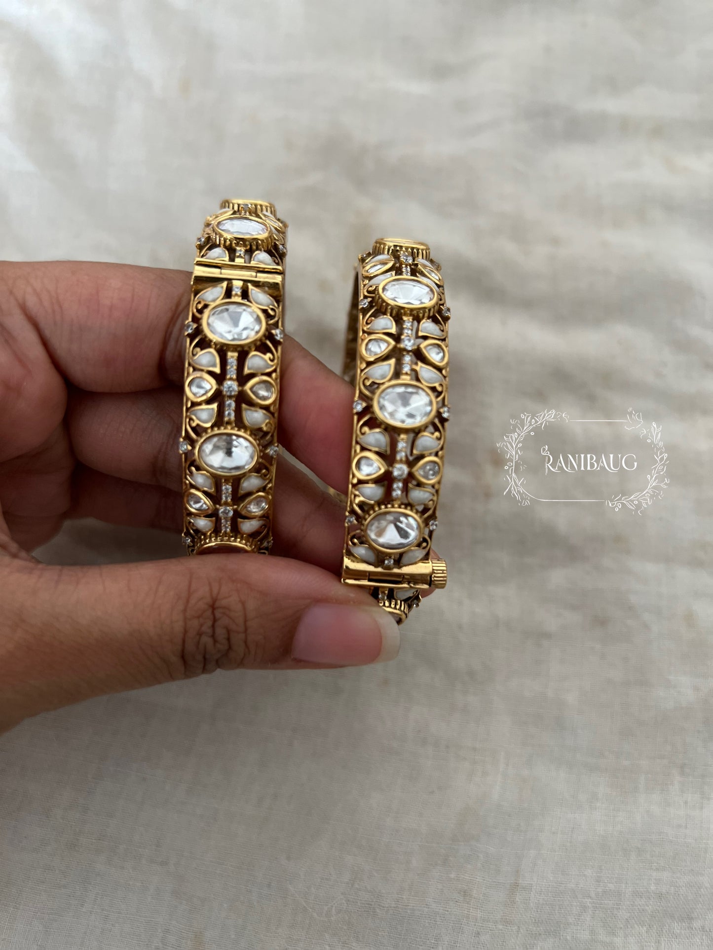 Natasha Large Kundan Polki Studded Gold Plated Indian Traditional Bangle Jewellery For Wedding By Ranibaug