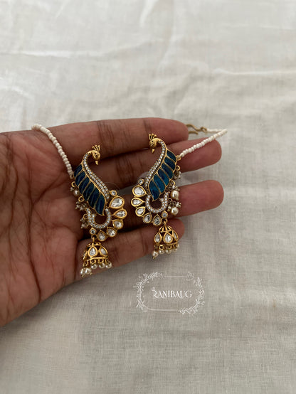 Natasha Statement Peacock Motif Gold Plated Polki Studded Earcuff Jhumki With Mini Pearl Hair Chain By Ranibaug | Designer Latest Festive Earrings Collection 2026