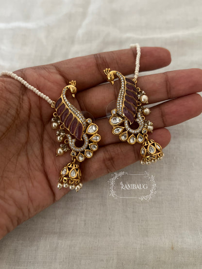 Natasha Statement Peacock Motif Gold Plated Polki Studded Earcuff Jhumki With Mini Pearl Hair Chain By Ranibaug | Designer Latest Festive Earrings Collection 2026