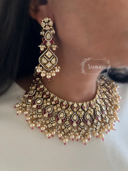 Navya Creamy Pearls Rich Gold Finish Polki Kundan Stuuded Bridal Necklace Jewellery Set With Maang Tikka By Ranibaug