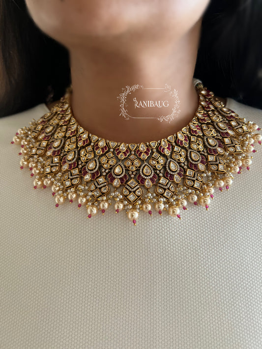 Navya Creamy Pearls Rich Gold Finish Polki Kundan Stuuded Bridal Necklace Jewellery Set With Maang Tikka By Ranibaug