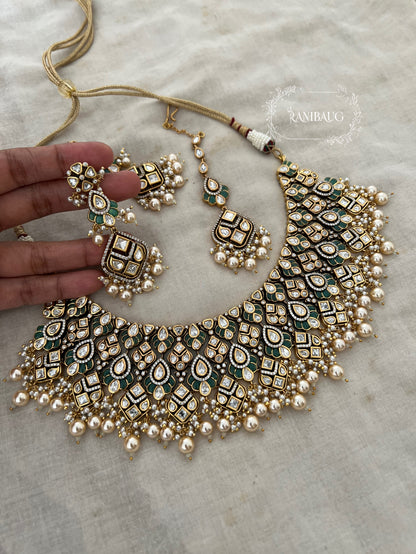 Navya Creamy Pearls Rich Gold Finish Polki Kundan Stuuded Bridal Necklace Jewellery Set With Maang Tikka By Ranibaug