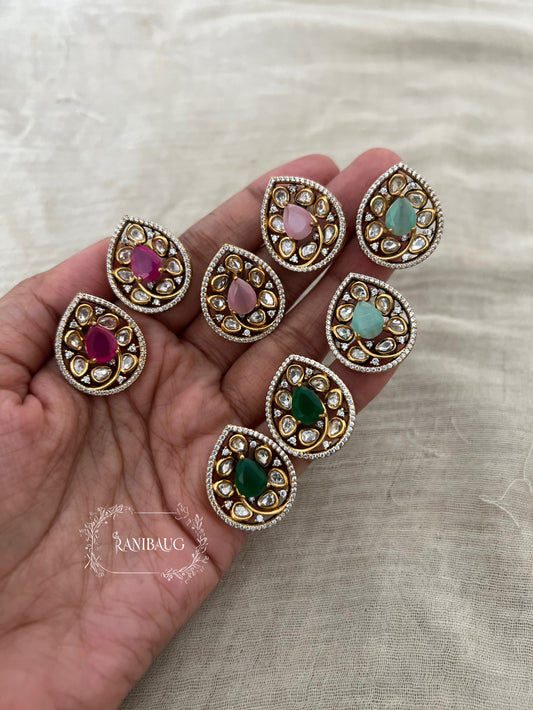 Navya Gemstone Polki Studs | Gold-Plated Teardrop Earrings By Ranibaug