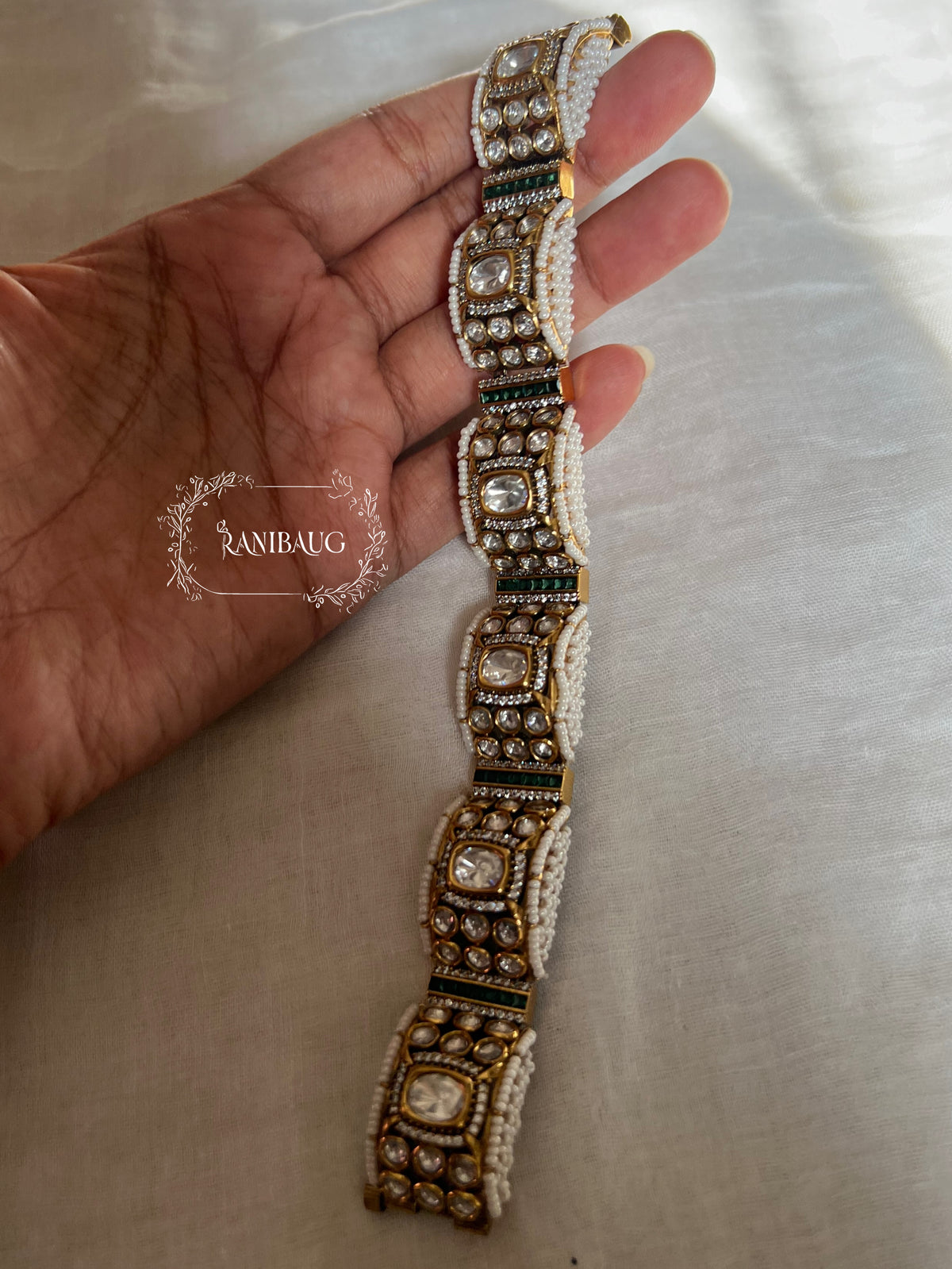 Navya Polki Kundan Gold Finish Seed Pearl Designer Statement Bracelet By Ranibaug