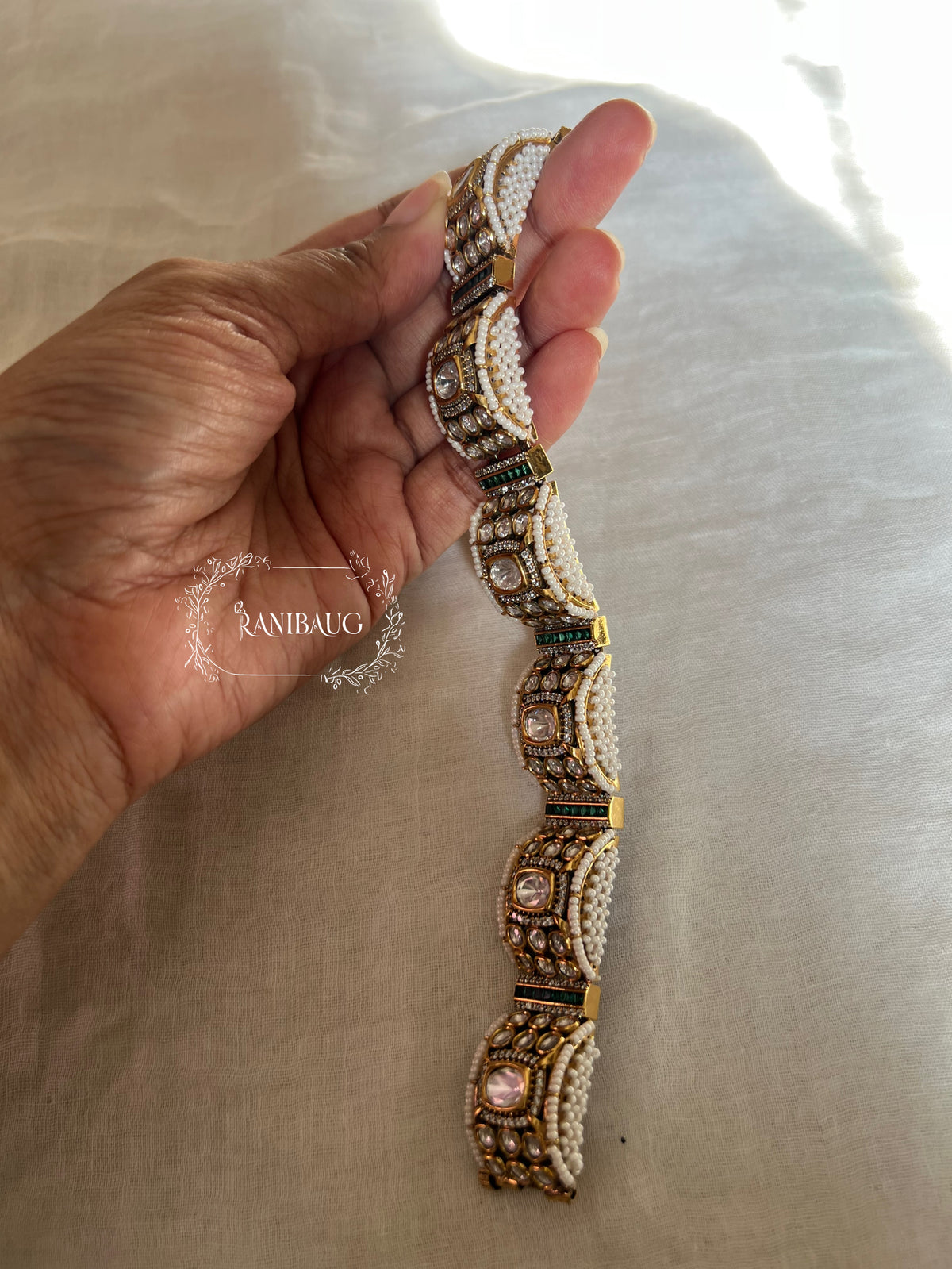 Navya Polki Kundan Gold Finish Seed Pearl Designer Statement Bracelet By Ranibaug