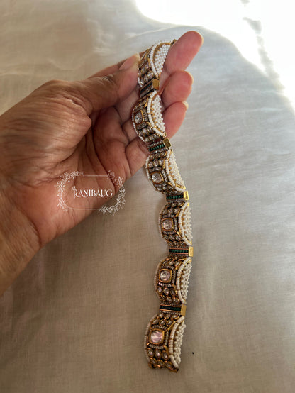 Navya Polki Kundan Gold Finish Seed Pearl Designer Statement Bracelet By Ranibaug