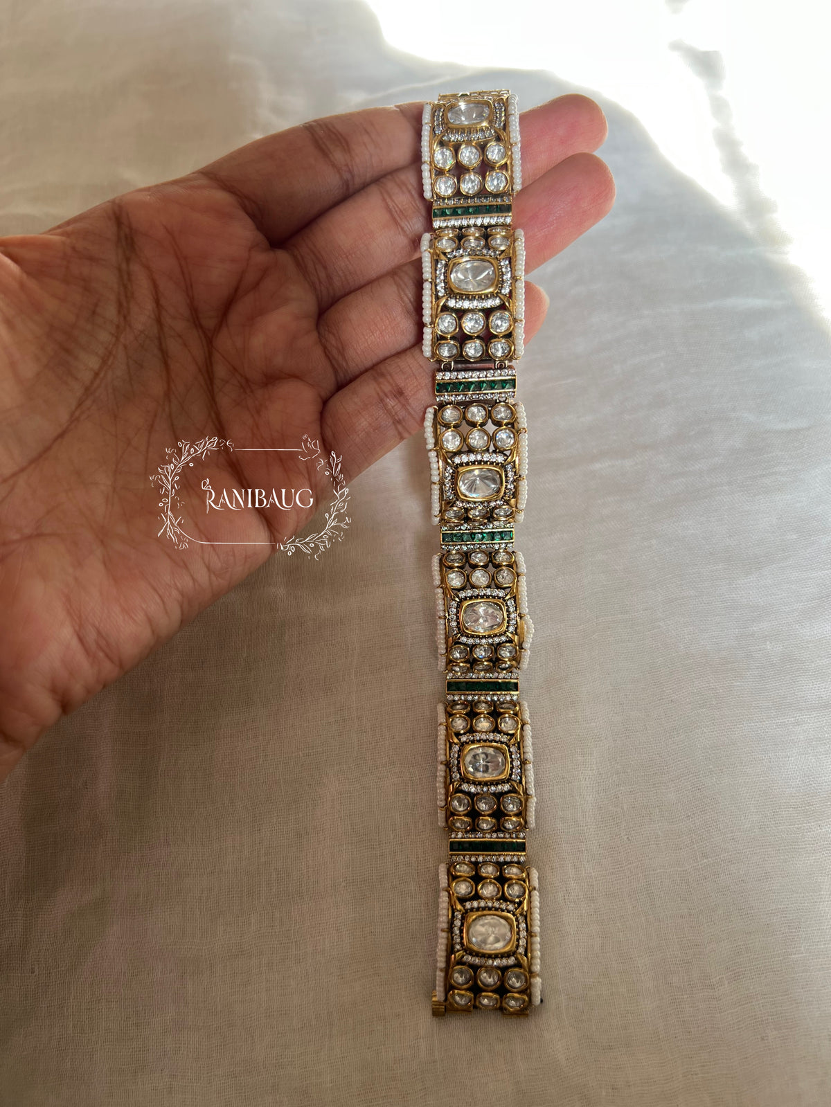 Navya Polki Kundan Gold Finish Seed Pearl Designer Statement Bracelet By Ranibaug