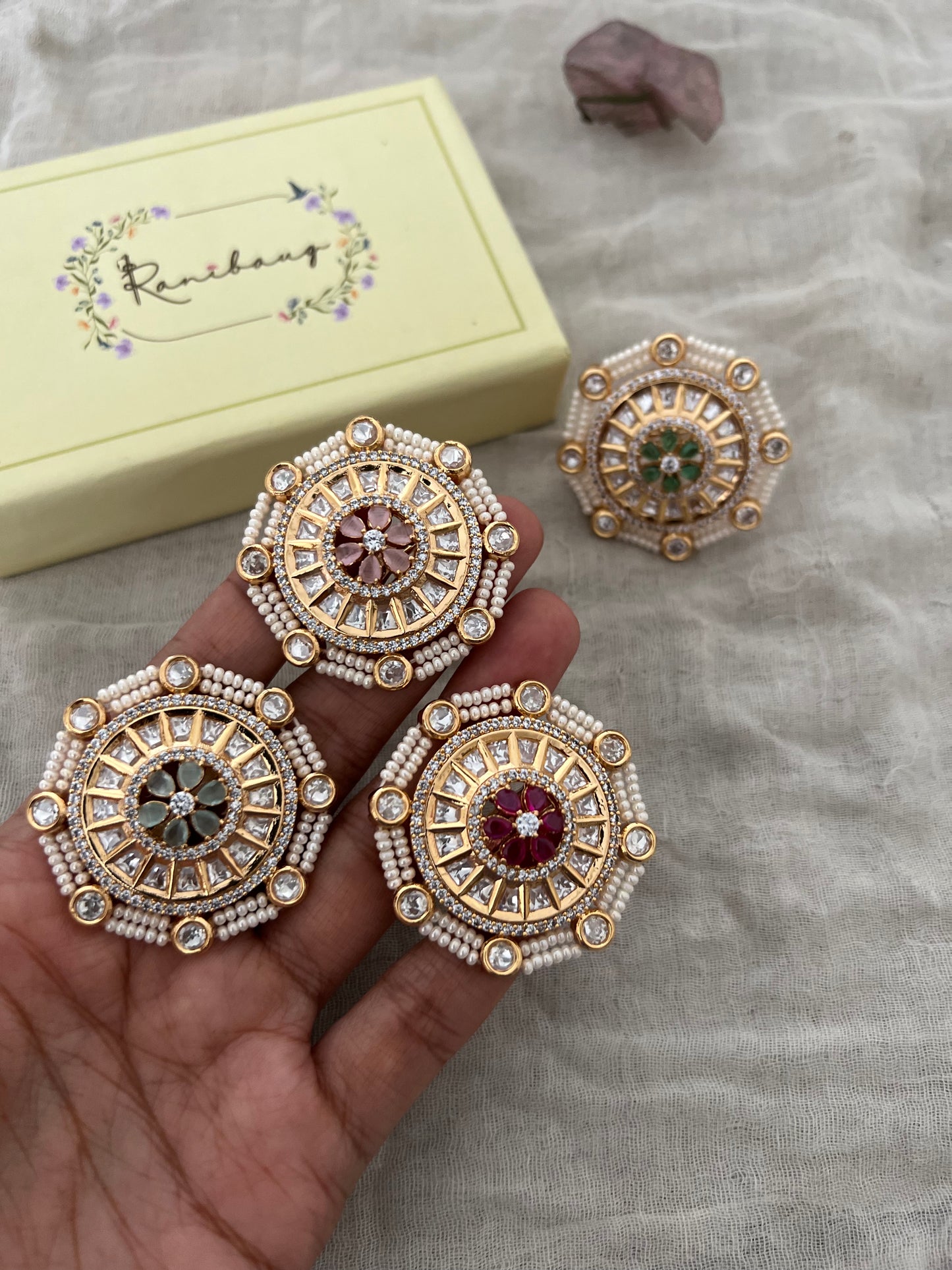 Navya Statement Rich Gold Finish Mossainite Stone Ring With Tiny Pearls By Ranibaug