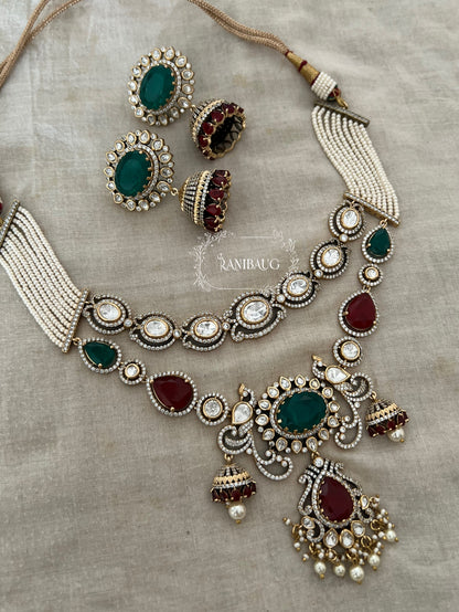 Navya Victorian Pastel Vintage Peacock Necklace Set In Polki And Pearl Detailing By Ranibaug