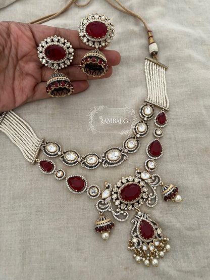 Navya Victorian Pastel Vintage Peacock Necklace Set In Polki And Pearl Detailing By Ranibaug