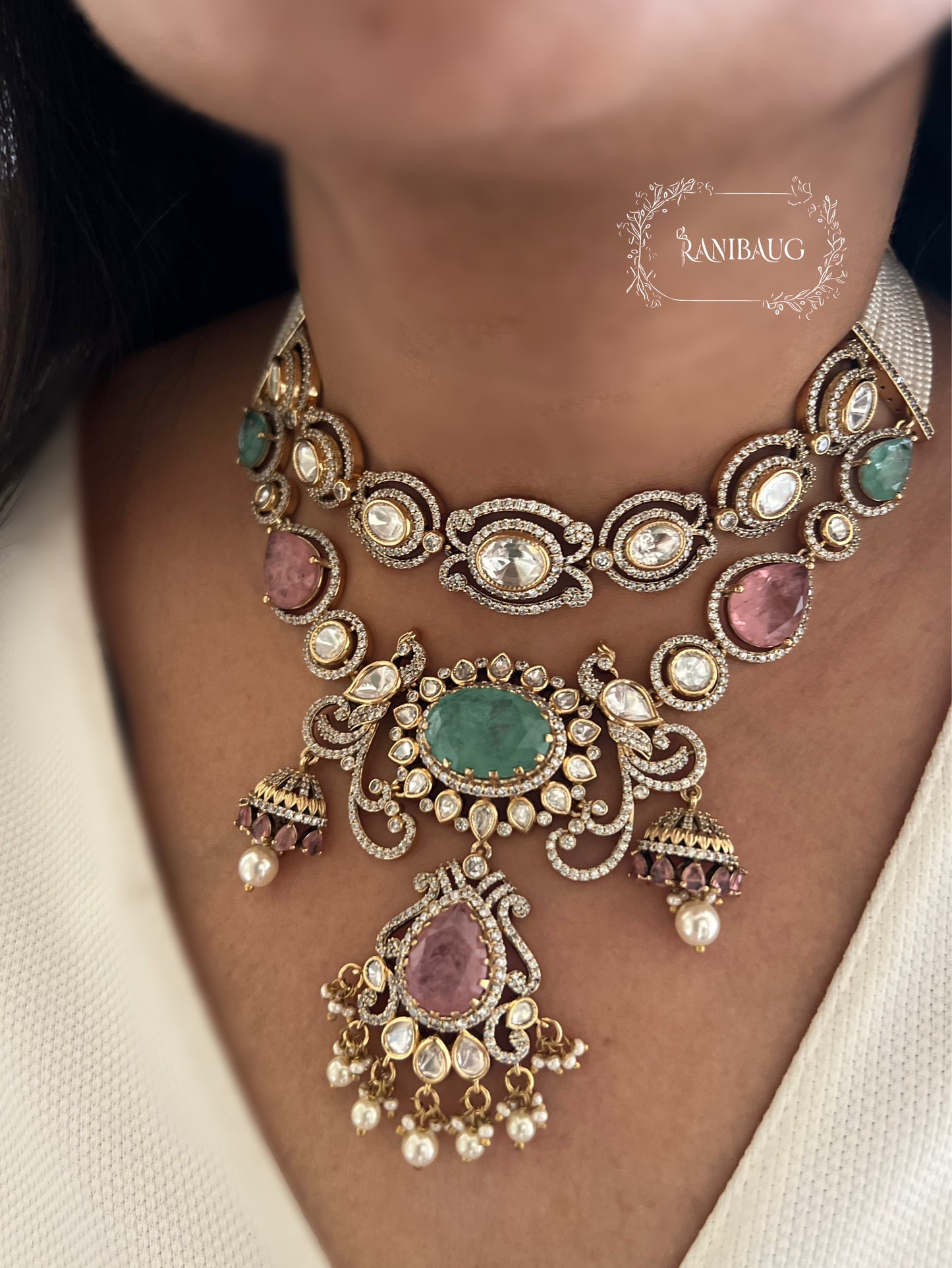 Navya Victorian Pastel Vintage Peacock Necklace Set In Polki And Pearl Detailing By Ranibaug