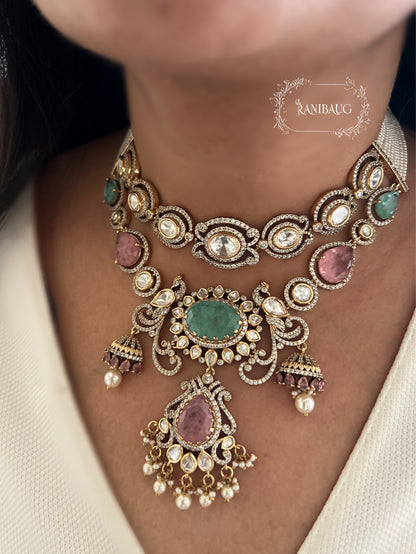 Navya Victorian Pastel Vintage Peacock Necklace Set In Polki And Pearl Detailing By Ranibaug