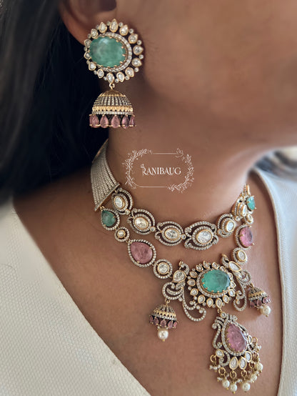 Navya Victorian Pastel Vintage Peacock Necklace Set In Polki And Pearl Detailing By Ranibaug