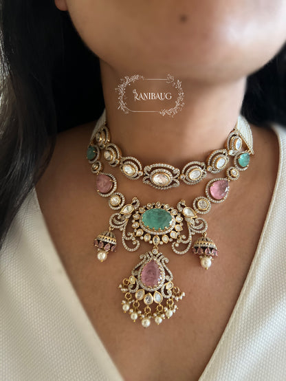 Navya Victorian Pastel Vintage Peacock Necklace Set In Polki And Pearl Detailing By Ranibaug