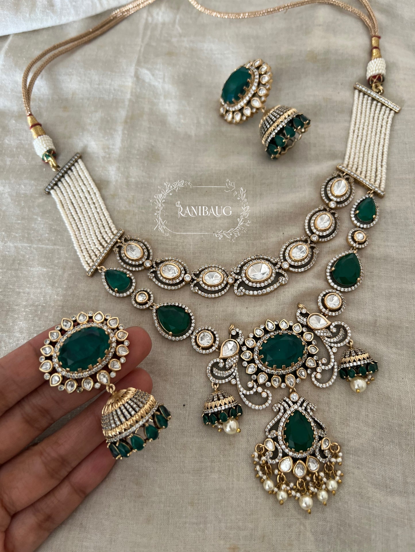 Navya Victorian Pastel Vintage Peacock Necklace Set In Polki And Pearl Detailing By Ranibaug