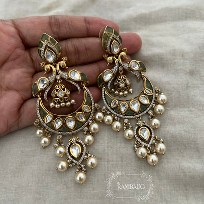 Nayani Victorian Finish Polki And Peral Adorned Peacock Chandbali With Jhumki Dangler Motif By Ranibaug