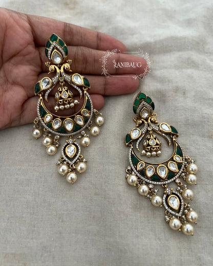 Nayani Victorian Finish Polki And Peral Adorned Peacock Chandbali With Jhumki Dangler Motif By Ranibaug