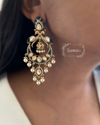 Nayani Victorian Finish Polki And Peral Adorned Peacock Chandbali With Jhumki Dangler Motif By Ranibaug