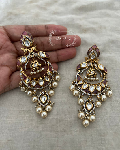 Nayani Victorian Finish Polki And Peral Adorned Peacock Chandbali With Jhumki Dangler Motif By Ranibaug