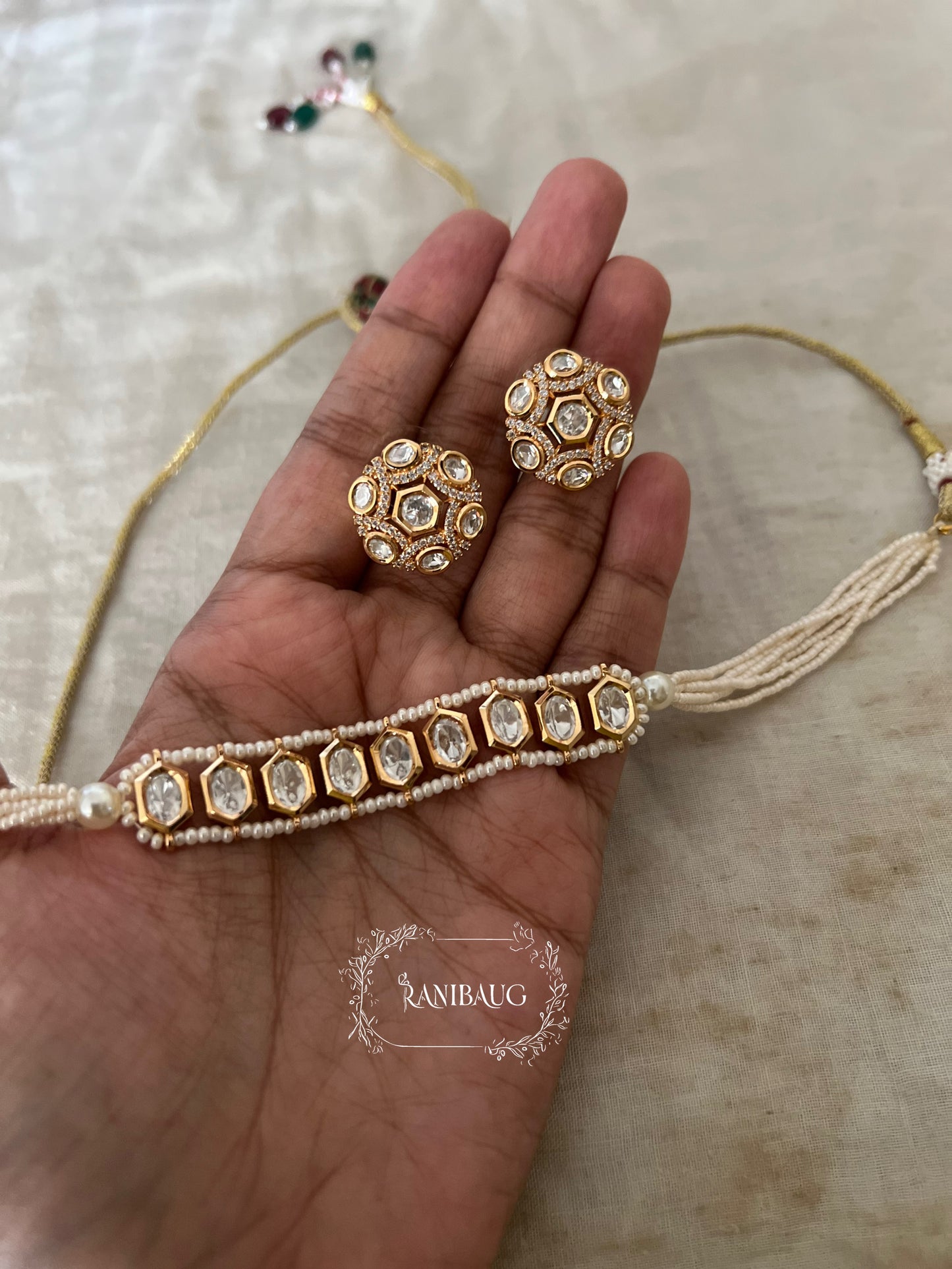Nayantara Polki Kundan Gold Finish Pearl Adorned Minimal Choker Set By Ranibaug
