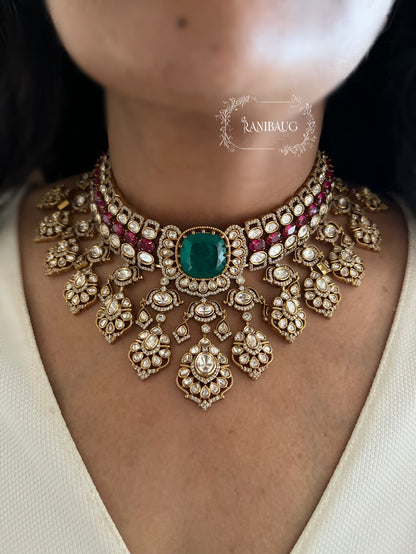 Nayera Mossainite Polki Victorian Gold Finish Necklace Jewelry Set With Maang Tikka And Emerald Ruby Stone Accents By Ranibaug