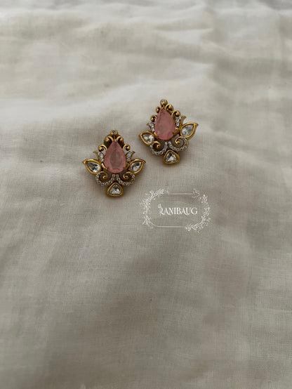 Nayera Teardrop Gemstone Motif Gold Finish Intricate Designer Polki Ear Studs By Ranibaug