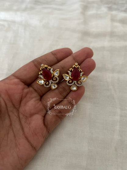 Nayera Teardrop Gemstone Motif Gold Finish Intricate Designer Polki Ear Studs By Ranibaug