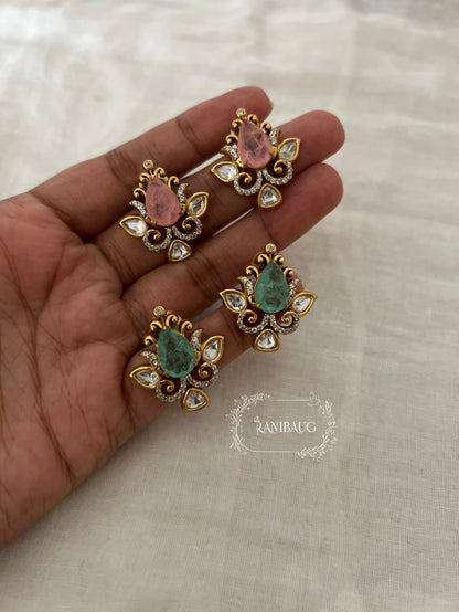 Nayera Teardrop Gemstone Motif Gold Finish Intricate Designer Polki Ear Studs By Ranibaug