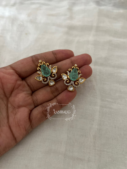 Nayera Teardrop Gemstone Motif Gold Finish Intricate Designer Polki Ear Studs By Ranibaug