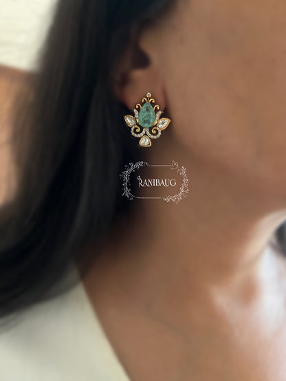 Nayera Teardrop Gemstone Motif Gold Finish Intricate Designer Polki Ear Studs By Ranibaug