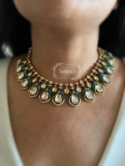 Naysha Polki Kundan Studded Emerald Leaf Enamel Polki Necklace Set By Ranibaug