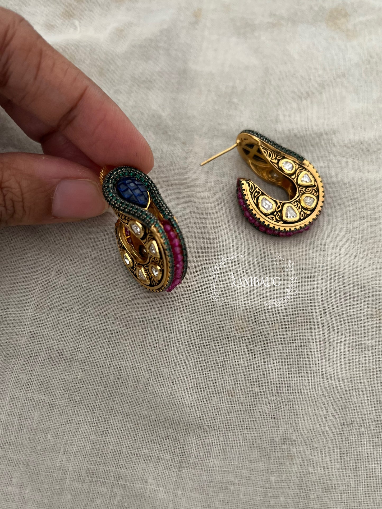 Neelam Antique Gold Finish Polki Studded Paisley Motif Designer Ear Studs By Ranibaug