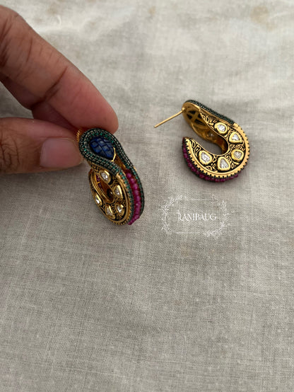 Neelam Antique Gold Finish Polki Studded Paisley Motif Designer Ear Studs By Ranibaug