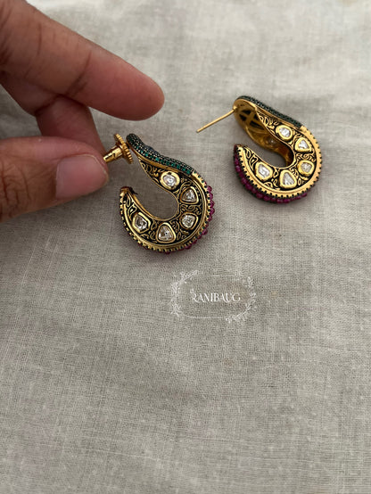 Neelam Antique Gold Finish Polki Studded Paisley Motif Designer Ear Studs By Ranibaug