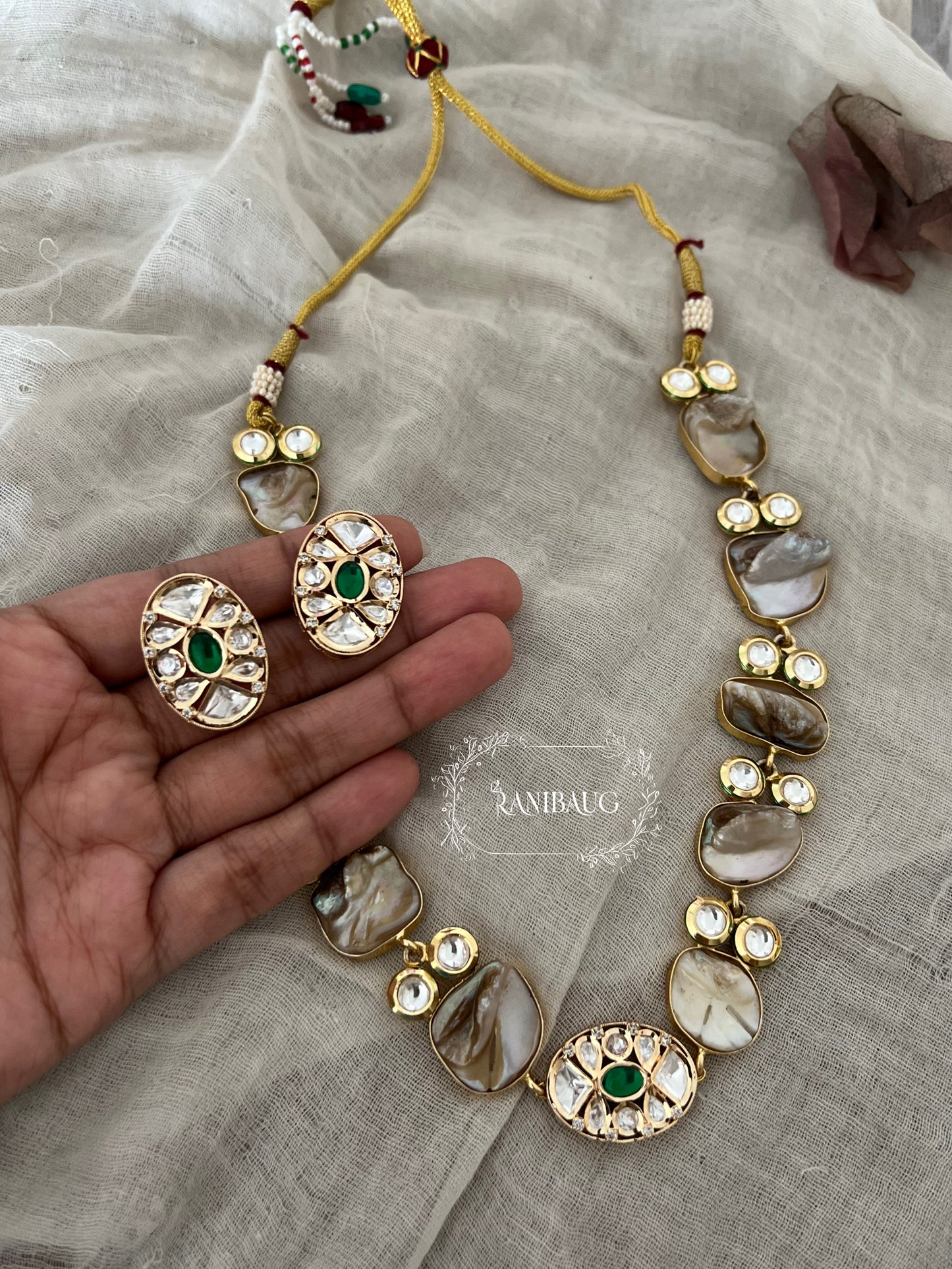 Neerja Semi Precious Necklace Jewelry Set With Real Baroque Pearl Motifs And Polki Studded In Premium Gold Finish And Tiny Color Accents By Ranibaug | Semi Precious Jewelry Collection 2026