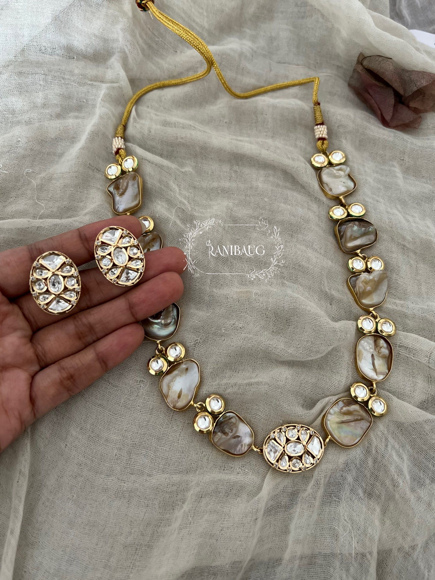 Neerja Semi Precious Necklace Jewelry Set With Real Baroque Pearl Motifs And Polki Studded In Premium Gold Finish And Tiny Color Accents By Ranibaug | Semi Precious Jewelry Collection 2026