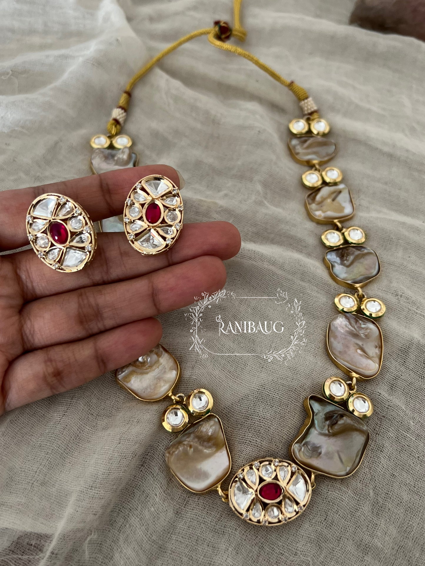 Neerja Semi Precious Necklace Jewelry Set With Real Baroque Pearl Motifs And Polki Studded In Premium Gold Finish And Tiny Color Accents By Ranibaug | Semi Precious Jewelry Collection 2026