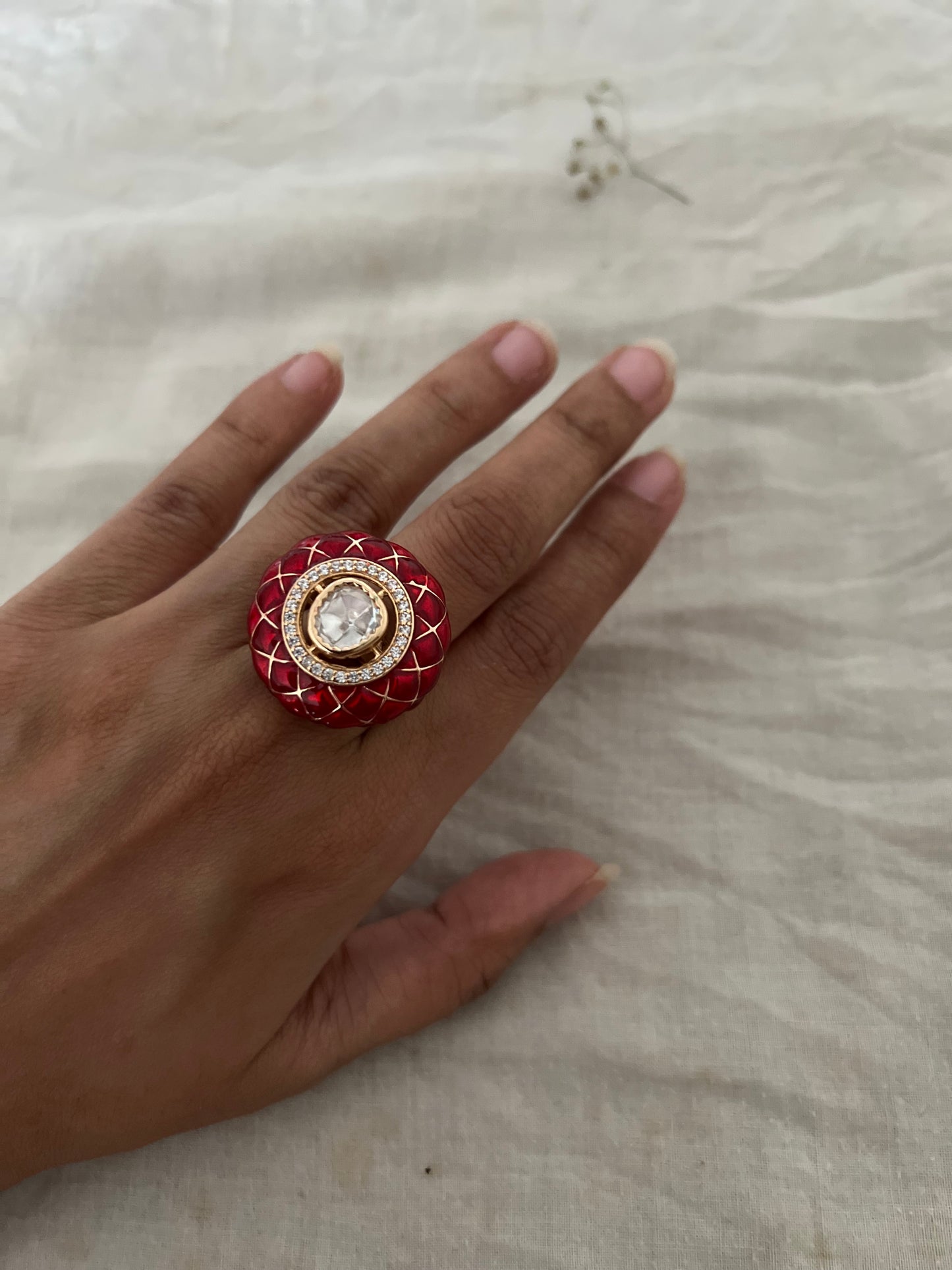 Neeti Solitaire Polki Kundan Center Enamel In Rich Gold Lining Finger Ring Jewelry