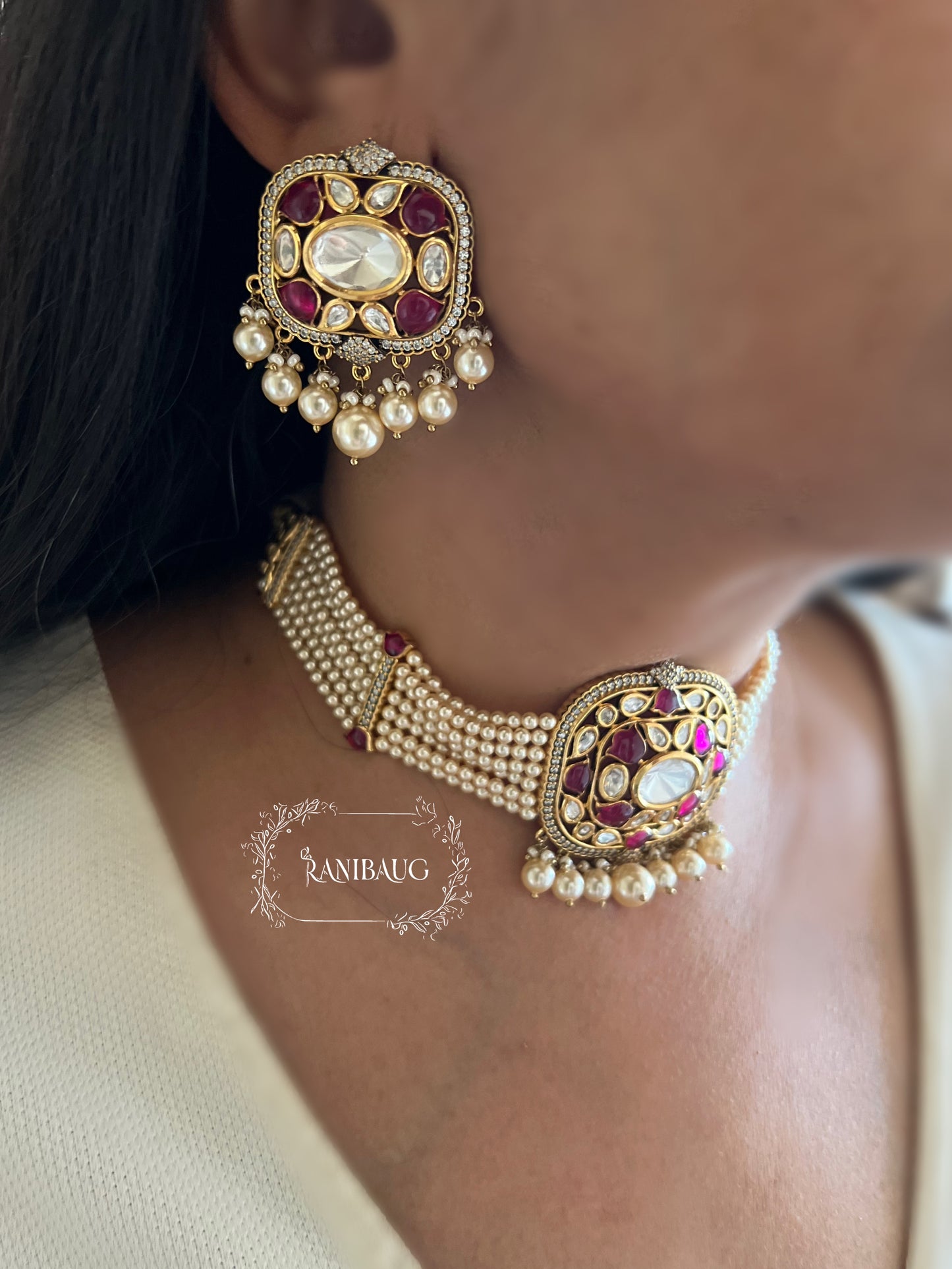 Neha Gold Plated Pearl Beaded Mesh Choker Set In Pink And Purple Tones By Ranibaug