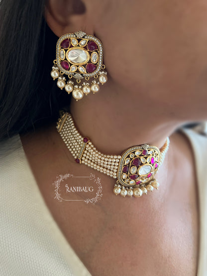Neha Gold Plated Pearl Beaded Mesh Choker Set In Pink And Purple Tones By Ranibaug