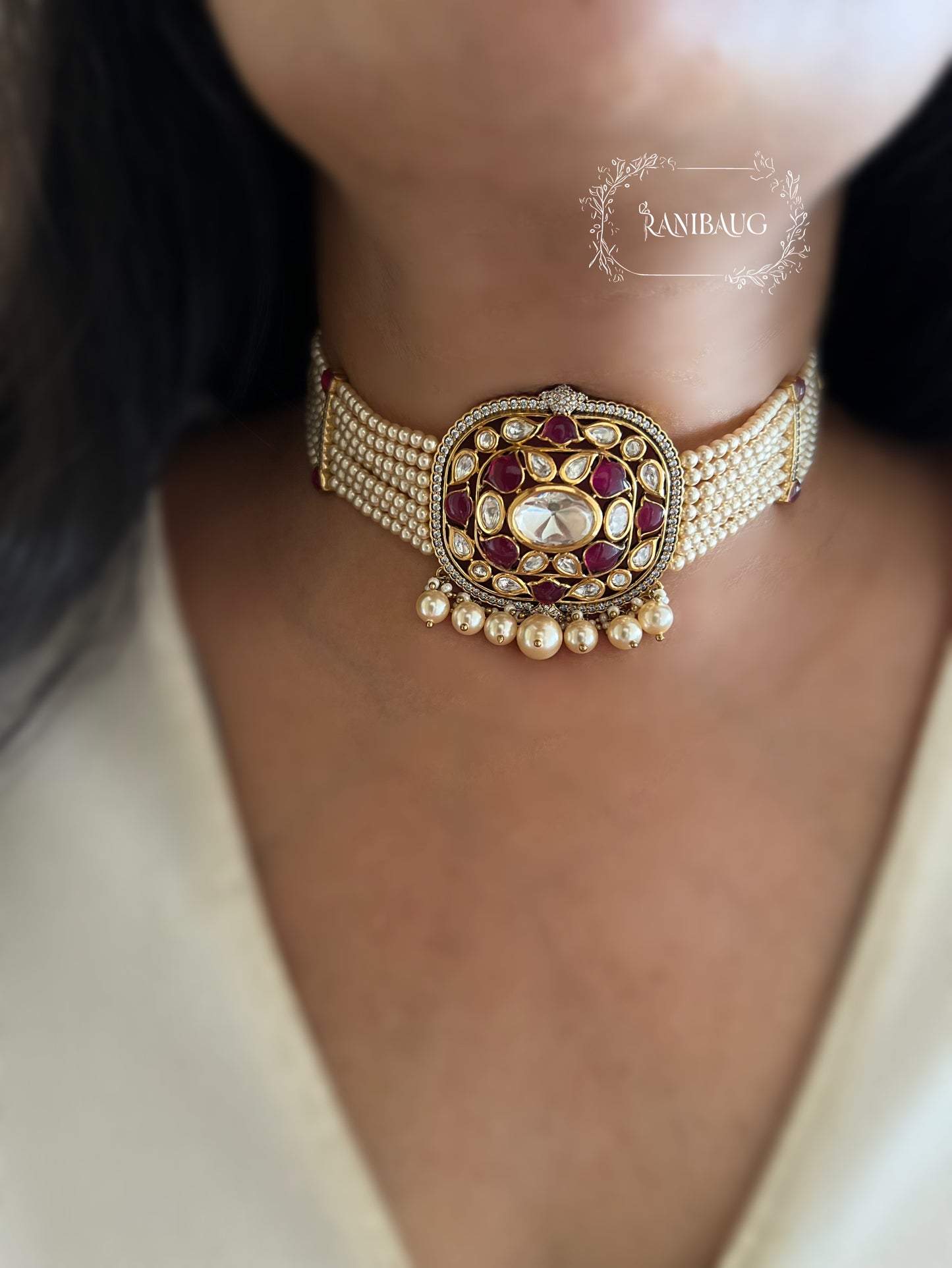 Neha Gold Plated Pearl Beaded Mesh Choker Set In Pink And Purple Tones By Ranibaug