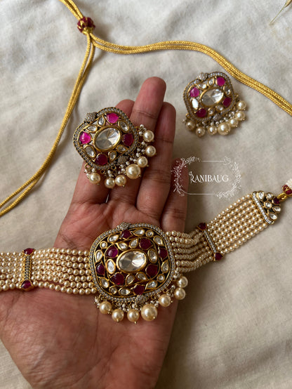Neha Gold Plated Pearl Beaded Mesh Choker Set In Pink And Purple Tones By Ranibaug