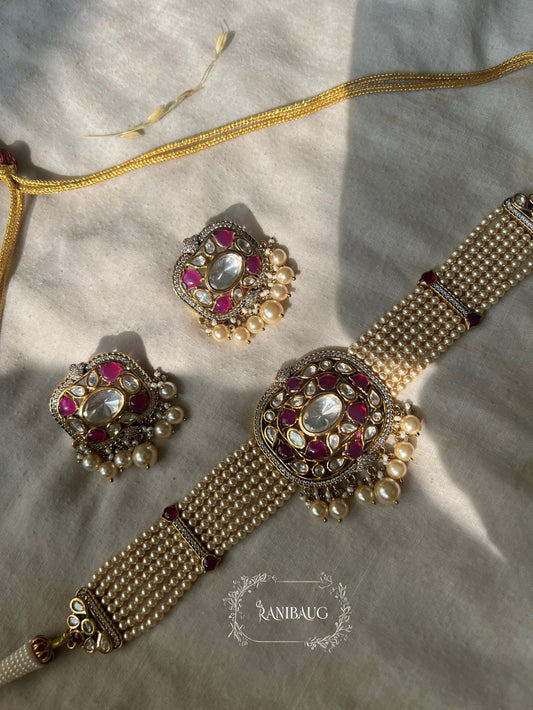 Neha Gold Plated Pearl Beaded Mesh Choker Set In Pink And Purple Tones By Ranibaug