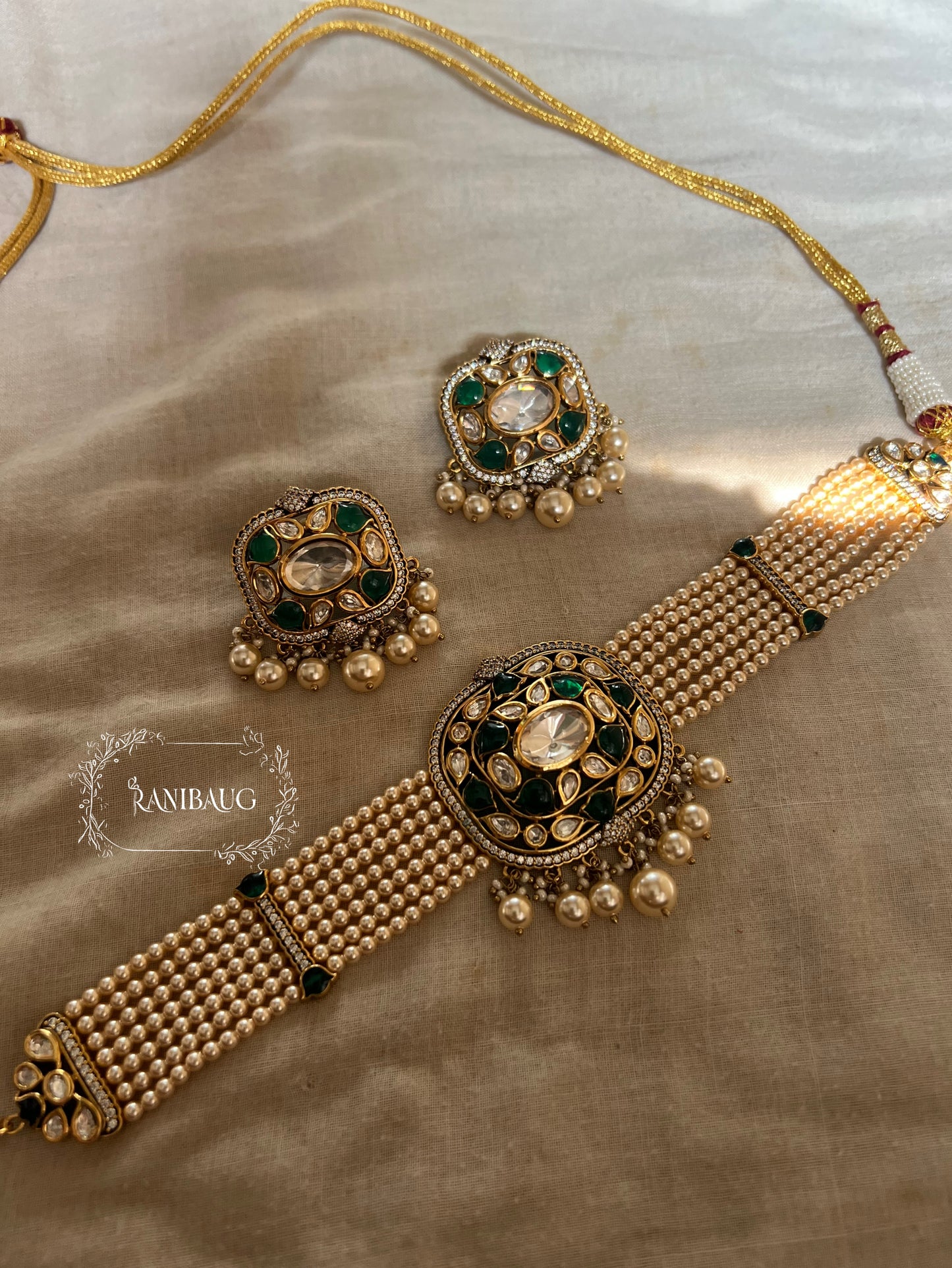 Neha Gold Plated Pearl Beaded Mesh Choker Set In Pink And Purple Tones By Ranibaug