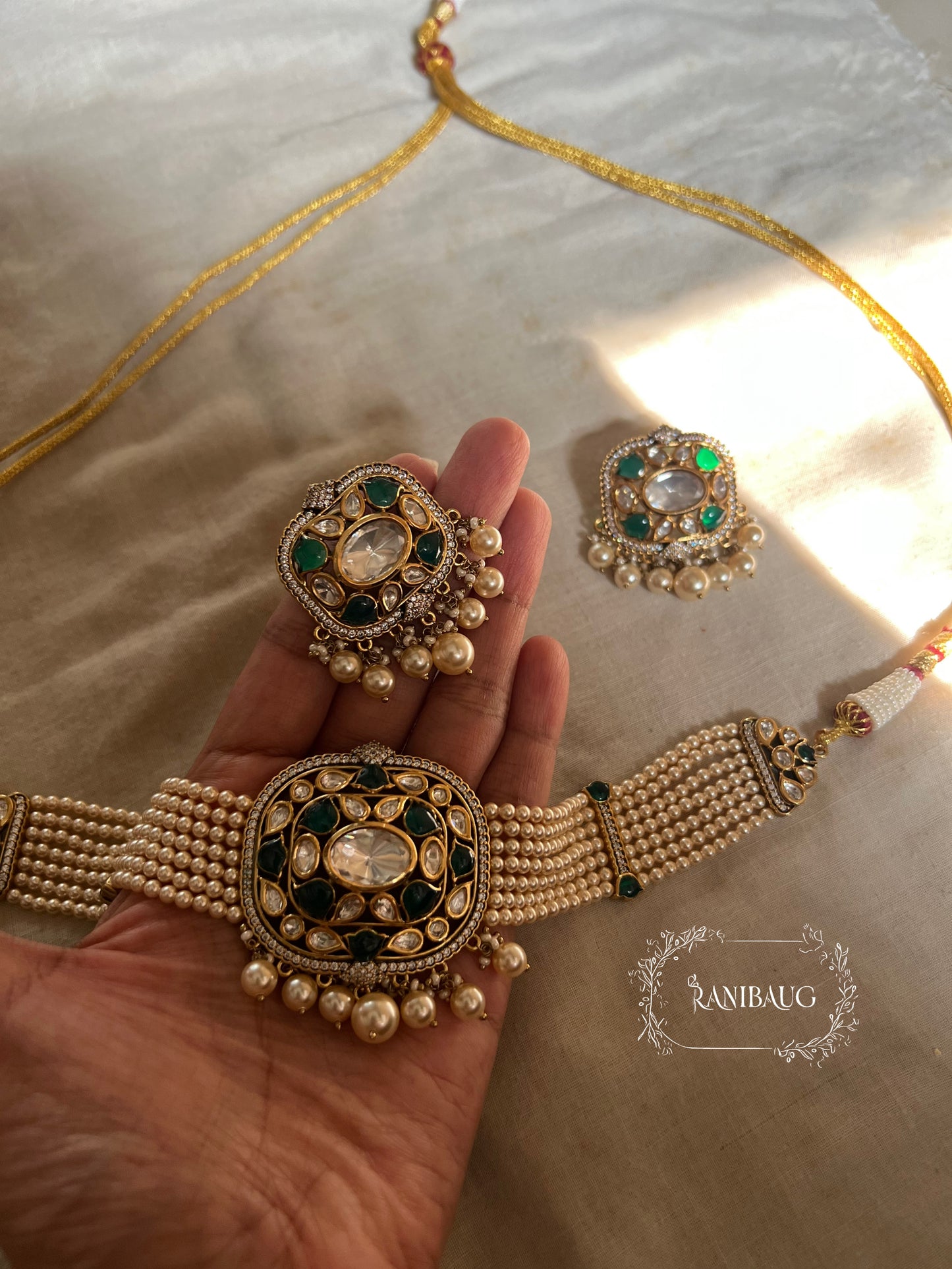 Neha Gold Plated Pearl Beaded Mesh Choker Set In Pink And Purple Tones By Ranibaug
