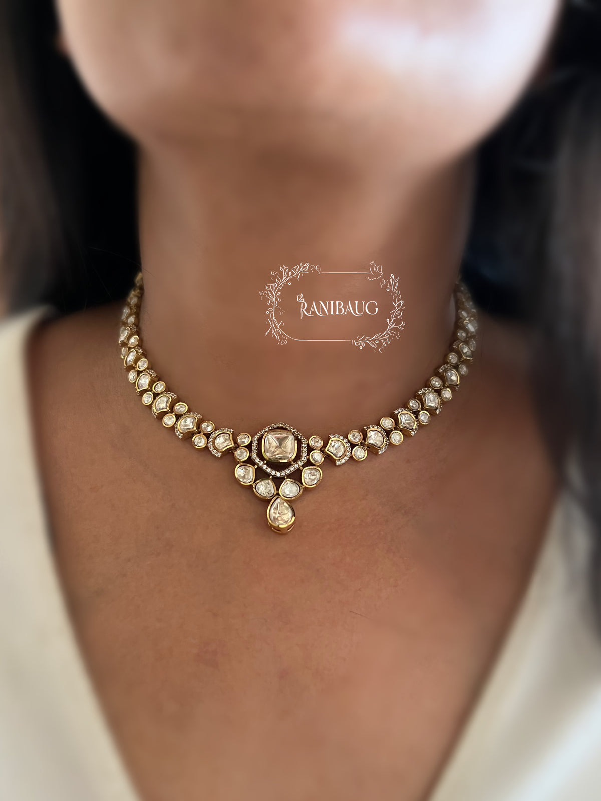 Nibedita Polki Kundan Gold Finish Classic Designer Necklace Set By Ranibaug