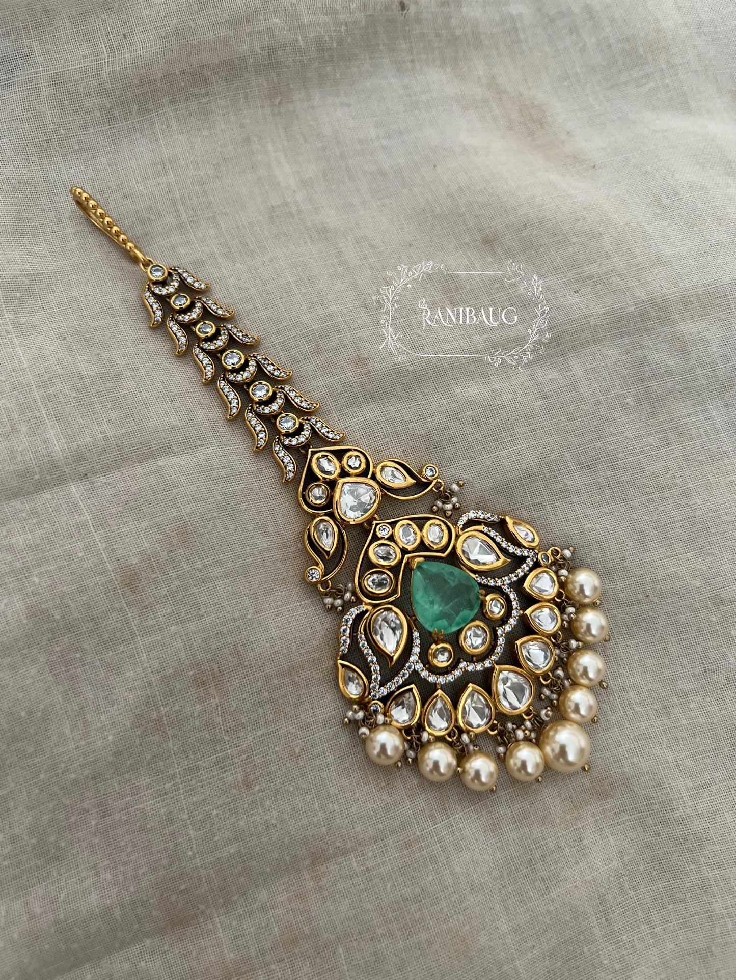 Nidhi Big Gold Plated Polki Kundan Studded Maang Tikka Jewellery For Bride By Ranibaug