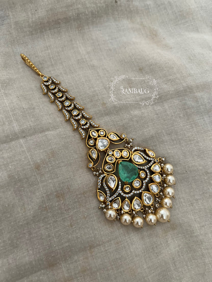 Nidhi Big Gold Plated Polki Kundan Studded Maang Tikka Jewellery For Bride By Ranibaug